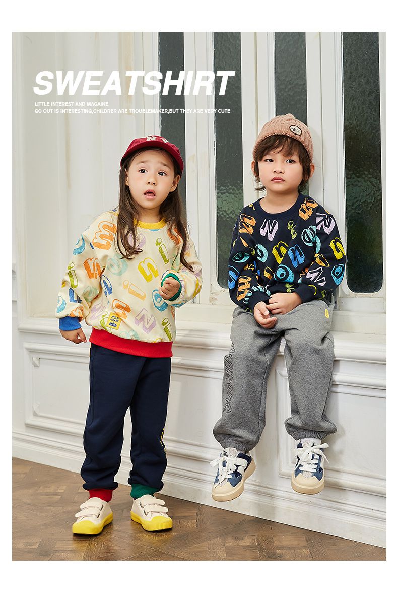 Minizone - 圓領長袖上衣-蠟筆字母-深藍色