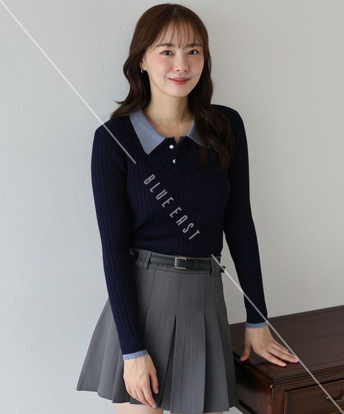 日本 BLUE EAST - 撞色雙層領針織polo長袖上衣-深灰x粉紅 (M)