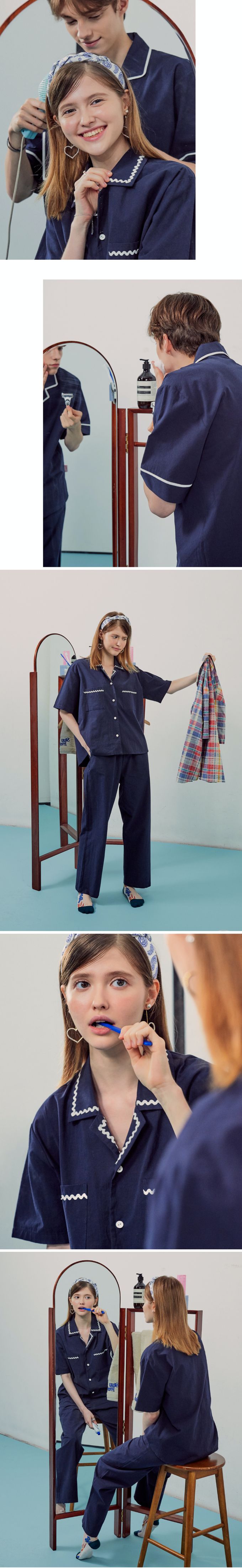 韓國 ULLALA - (情侶款)經典純色短袖長褲睡衣套裝-女款-深藍 (FREE)