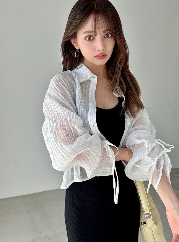 日本 GRL - 楊柳皺縮短版抽繩襯衫-水藍 (F)