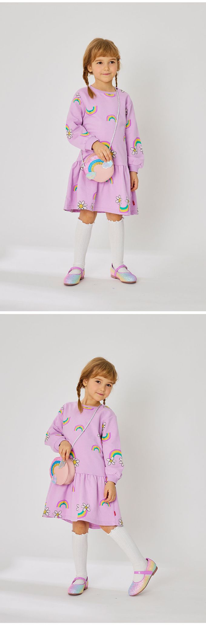 韓國 OZKIZ - (附包包)雛菊彩虹印長袖連身洋裝-紫