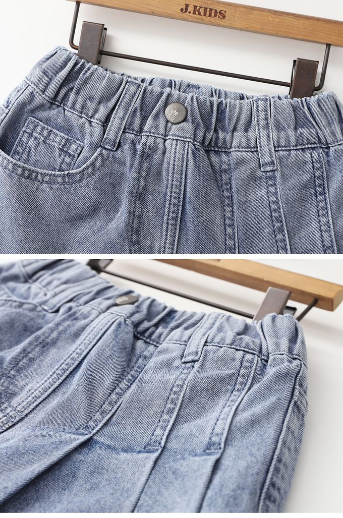 韓國 J KIDS - 鬆緊腰牛仔風褶線設計褲裙-牛仔藍