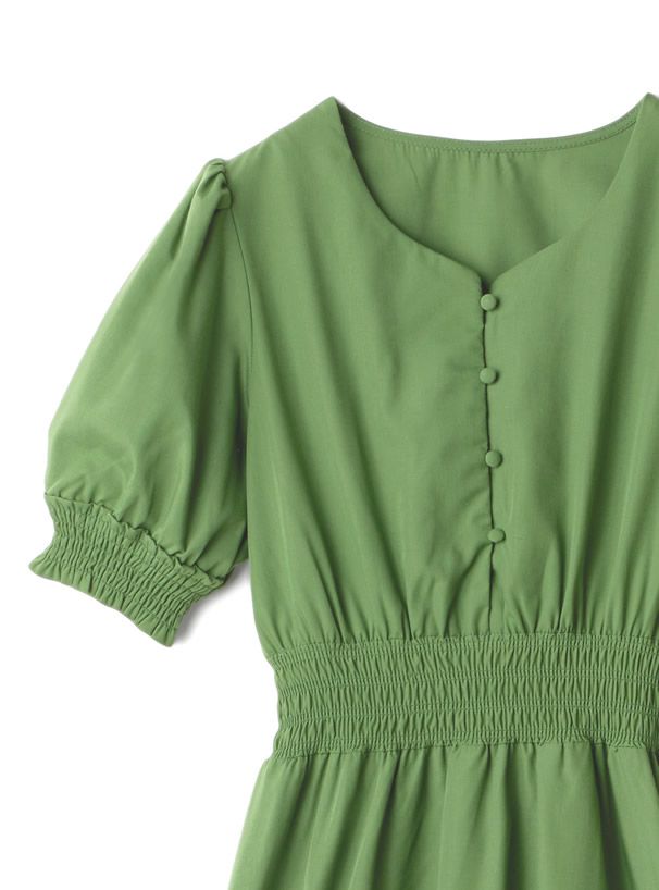 日本 GRL - 復古V領縮腰泡泡袖洋裝-簡約黑