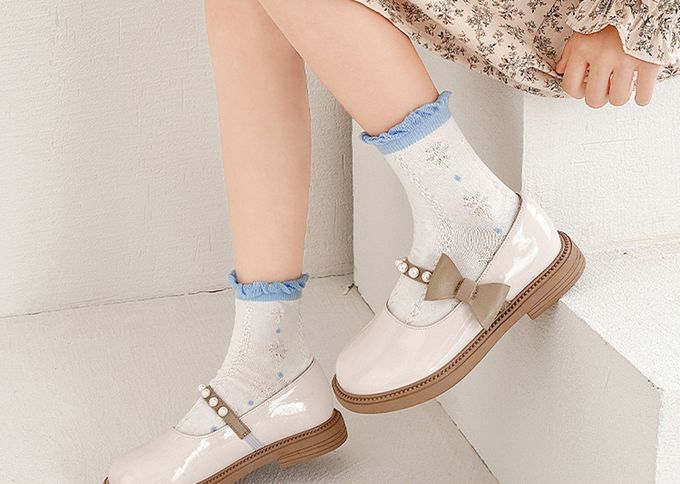 蔚藍蝴蝶結荷葉邊透氣短筒棉襪