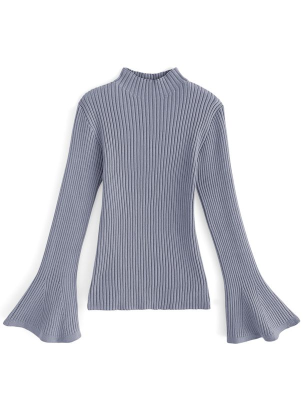 日本 GRL - 微喇叭袖彈性薄針織上衣-奶茶