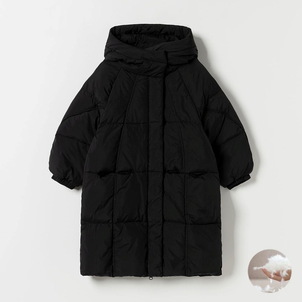 棉花糖蓬鬆連帽長版羽絨外套-黑