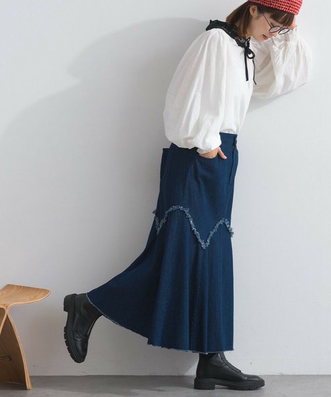 日本 Lupilien - 10oz修身V型魚尾丹寧長裙-灰