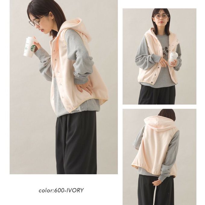 日本 OMNES - 裏起毛保暖短版運動風連帽背心-象牙