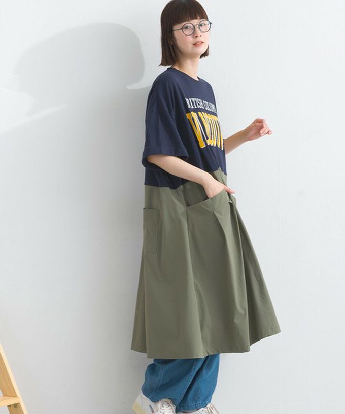 日本 Lupilien - 異素材撞色學院風俐落短袖洋裝-海軍藍