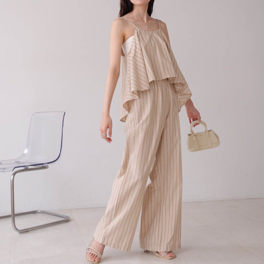簡潔舒適混棉細肩帶長褲套裝-條紋-卡其杏 (M)