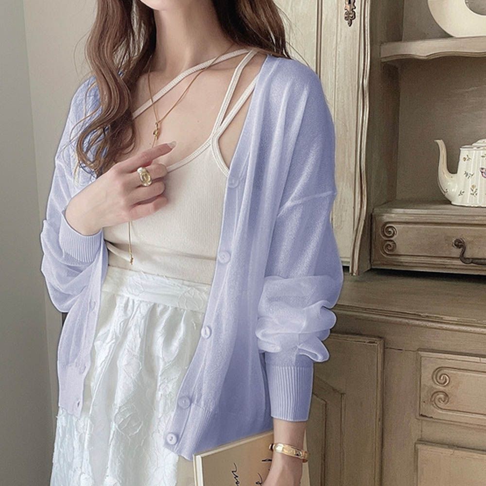 透膚柔軟針織開襟衫/小外套-淺藍 (F)