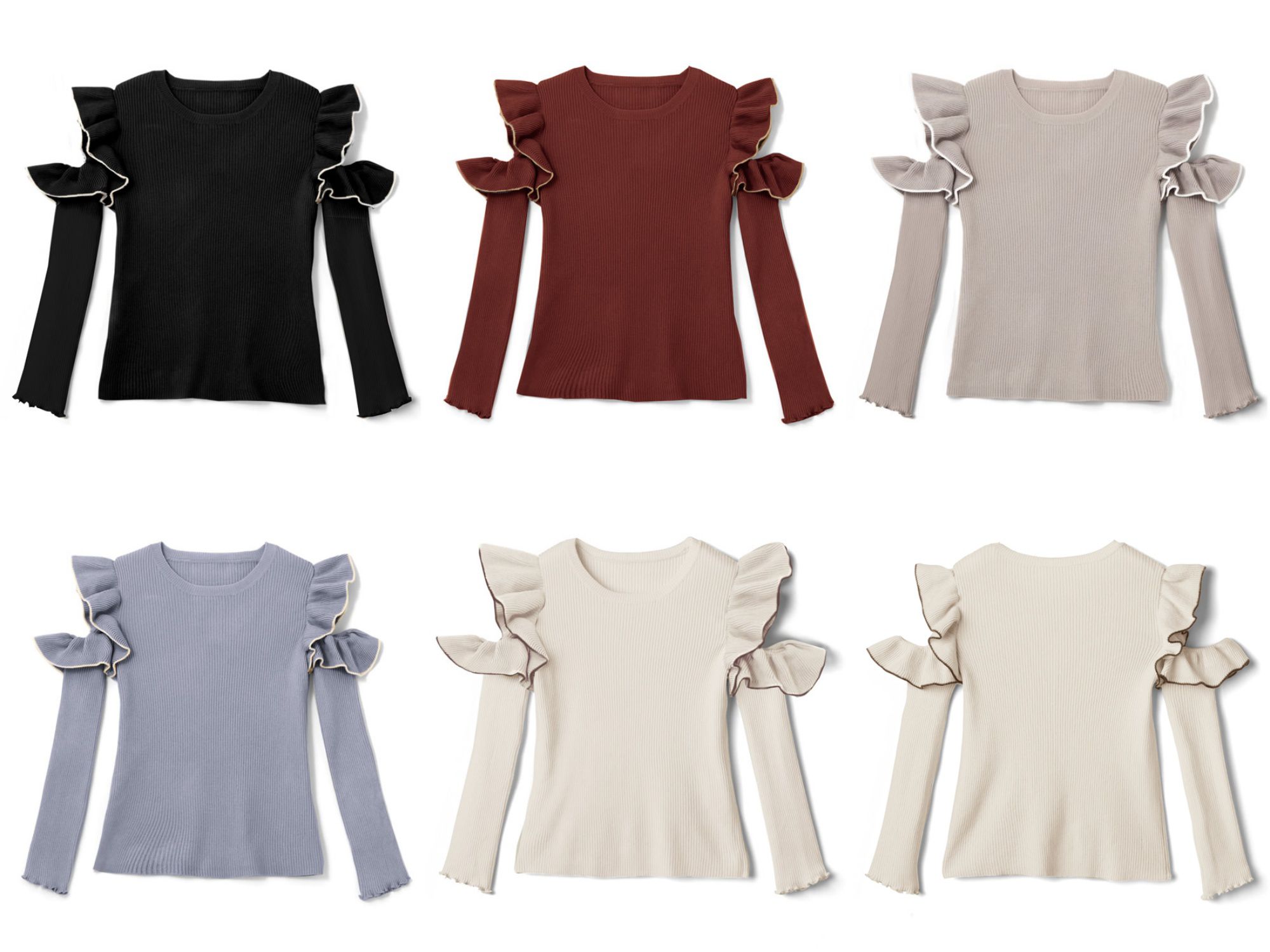 日本 GRL - 雙層荷葉挖肩羅紋長袖上衣-杏