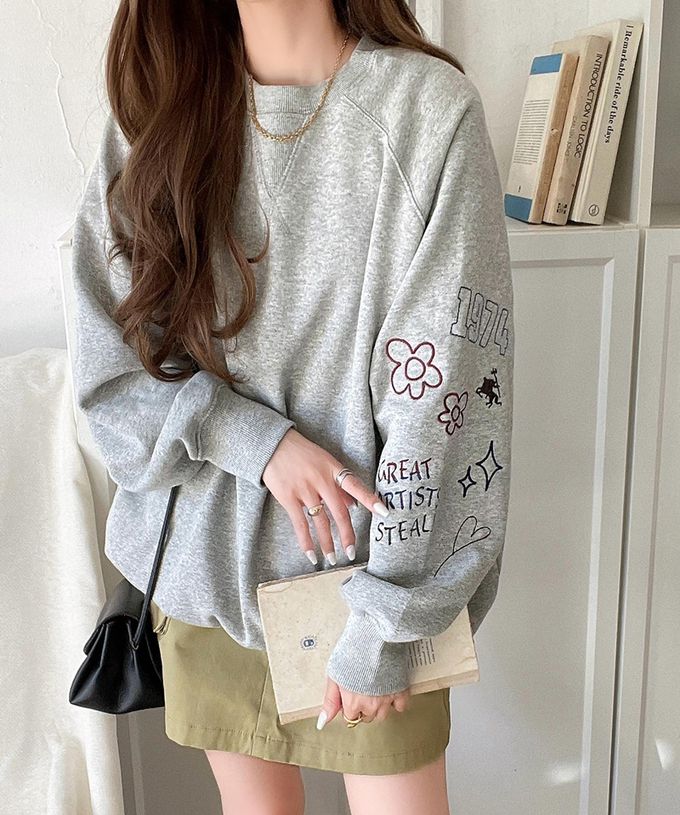 日本 Classical Elf - 俏皮塗鴉裏起毛長袖上衣-米灰