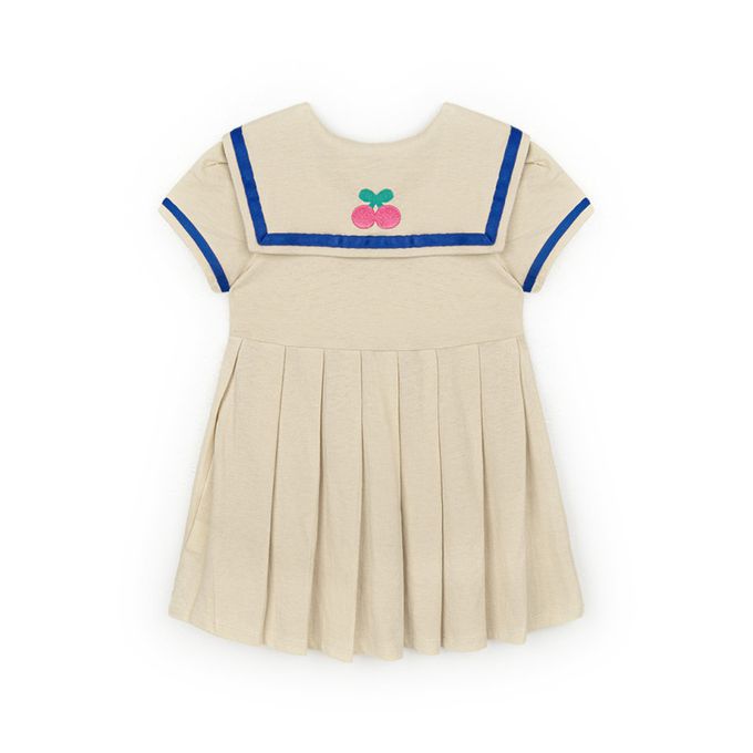 韓國 Pimpollo - 愛心鈕扣水手領百摺洋裝-淺卡其