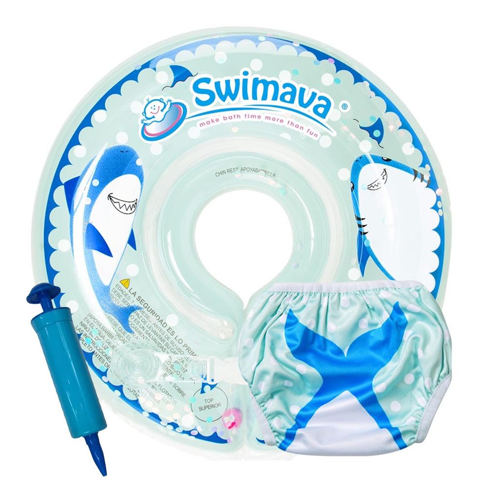 Swimava - G1+S1 脖圈/泳褲組+贈掛勾(款式隨機)-酷鯊魚-脖圈:1-18個月，13kg以內/泳褲:8-14kg