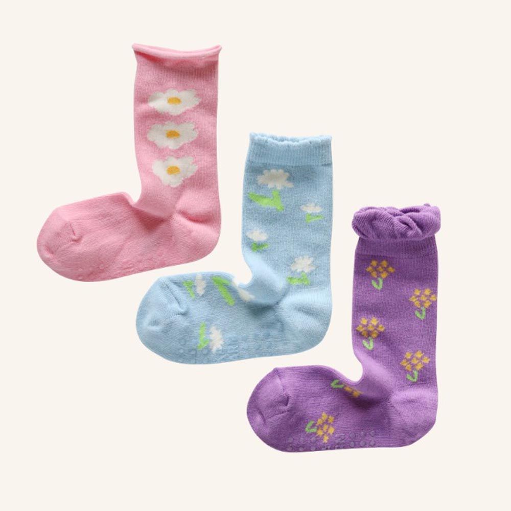 韓國 Kokacharm - 兒童中長襪/襪子三入組-滿滿花朵-粉X藍X紫