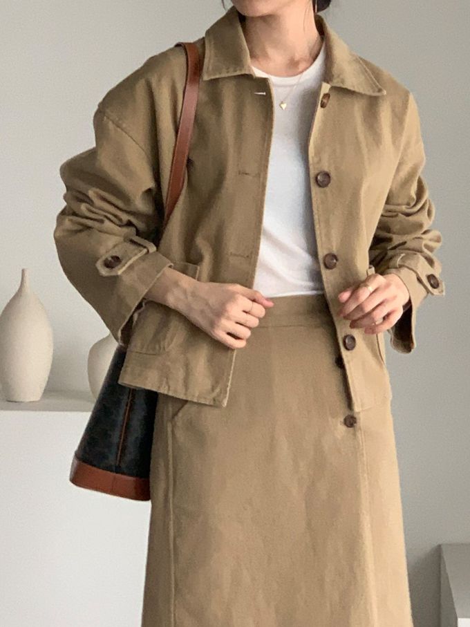 韓國女裝連線 - 後鬆緊鈕扣點綴A字長裙-卡其 (FREE)