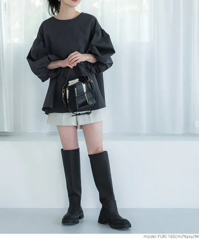 日本 COCA - 經典浪漫圓領澎澎袖上衣-深藍