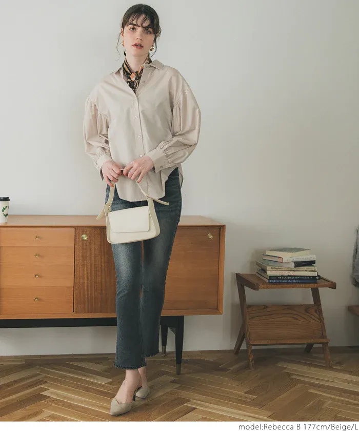 日本 COCA - 翻領寬鬆氣球袖襯衫-米杏