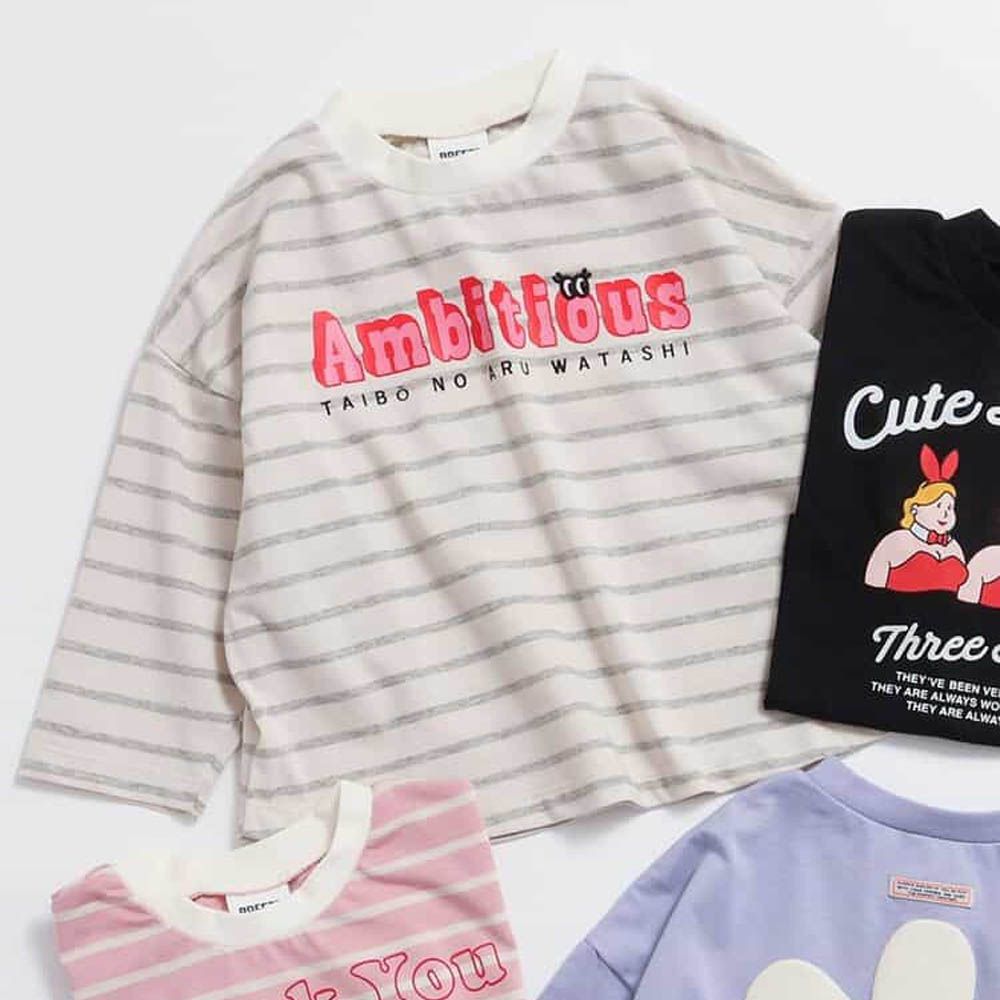 100%棉 可愛女孩印花長袖上衣-條紋-白X灰