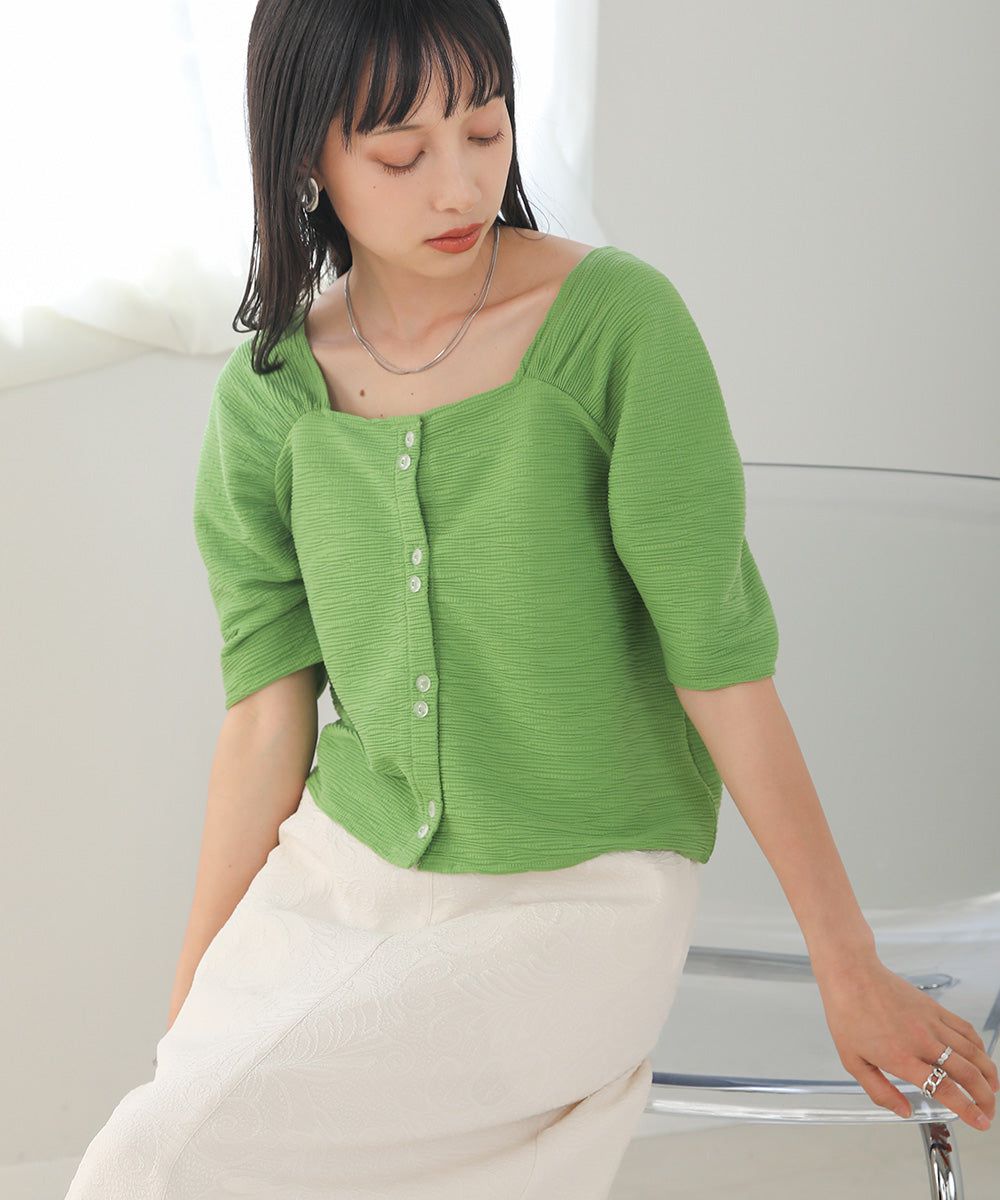 日本 Bab - 2WAY方領排扣五分袖上衣-米杏