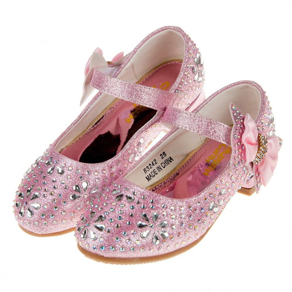 華麗風格璀燦亮鑽粉色低跟公主鞋