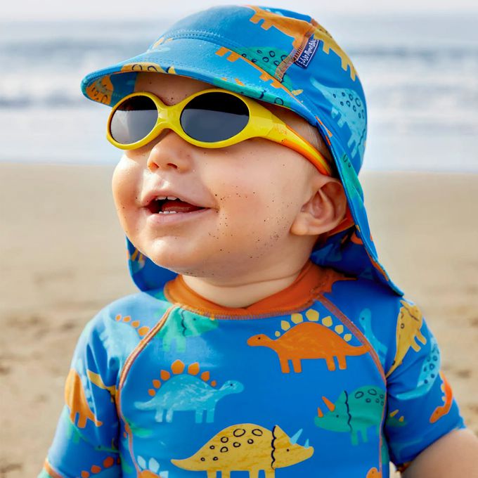 英國 JoJo Maman BeBe - 嬰幼兒/兒童泳裝戲水UPF50+防曬護頸遮陽帽-恐龍圖鑑