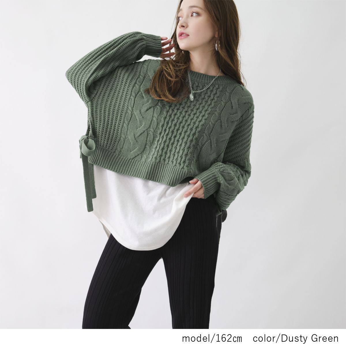 日本 Rejoule - 短版側蝴蝶結綁帶編織紋針織毛衣-黑 (M(Free size))