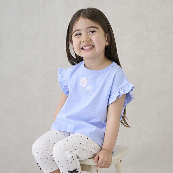 日本 petit main - 可愛荷葉袖短袖上衣-兔兔-白