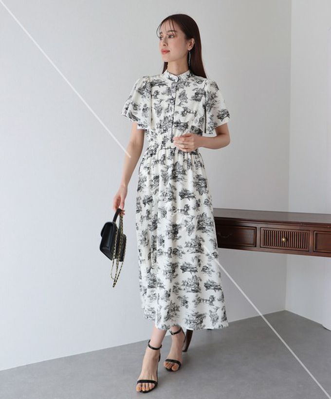 日本 BLUE EAST - 浪漫時光碎花雪紡短袖洋裝-水彩花紋-杏