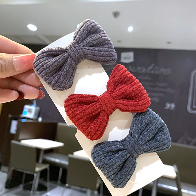 燈芯絨造型兒童髮夾-蝴蝶結-粉色