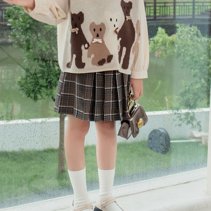 學院風百摺格紋短裙-咖啡色