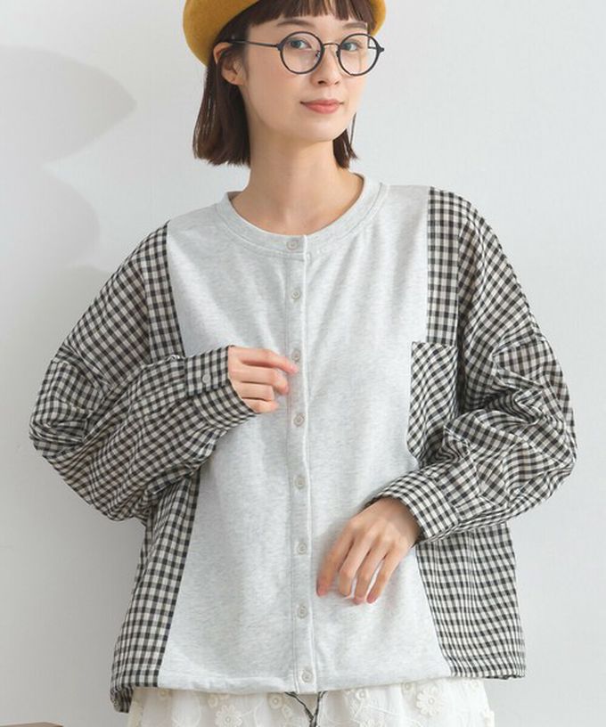 日本 Lupilien - 可愛格子拼接裏毛休閒襯衫-深灰x紅