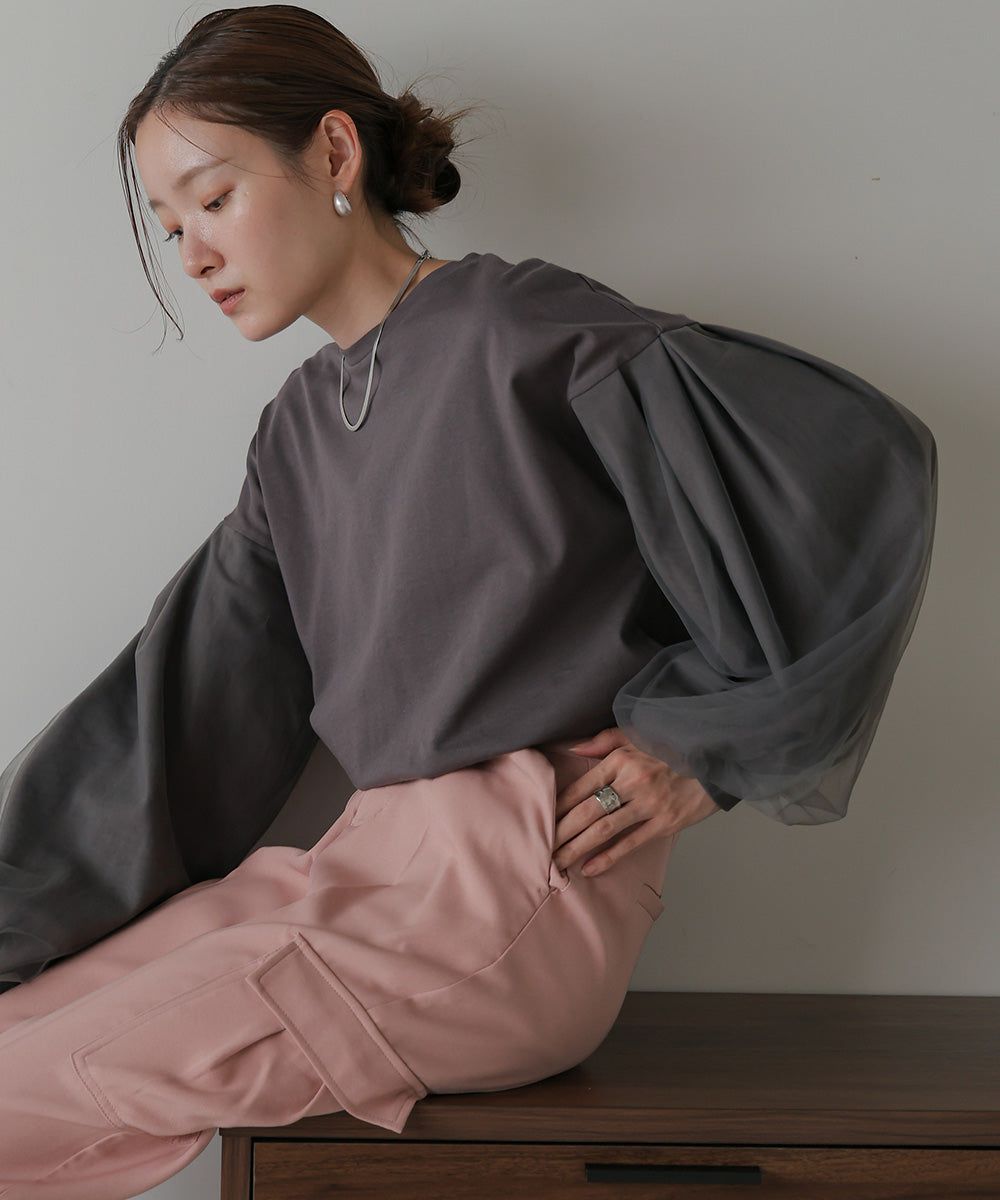 日本 Bab - 優雅拼接薄紗長袖上衣-深灰