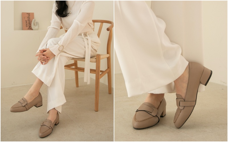 韓國 PINKELEPHANT - 毛邊縫紋路低跟包鞋(3.5cm)-杏