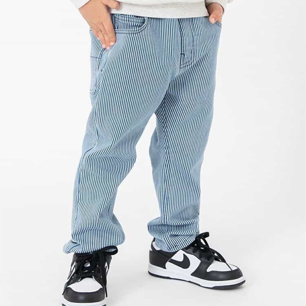 すぽ輕盈 刷毛保暖錐形長褲-條紋藍