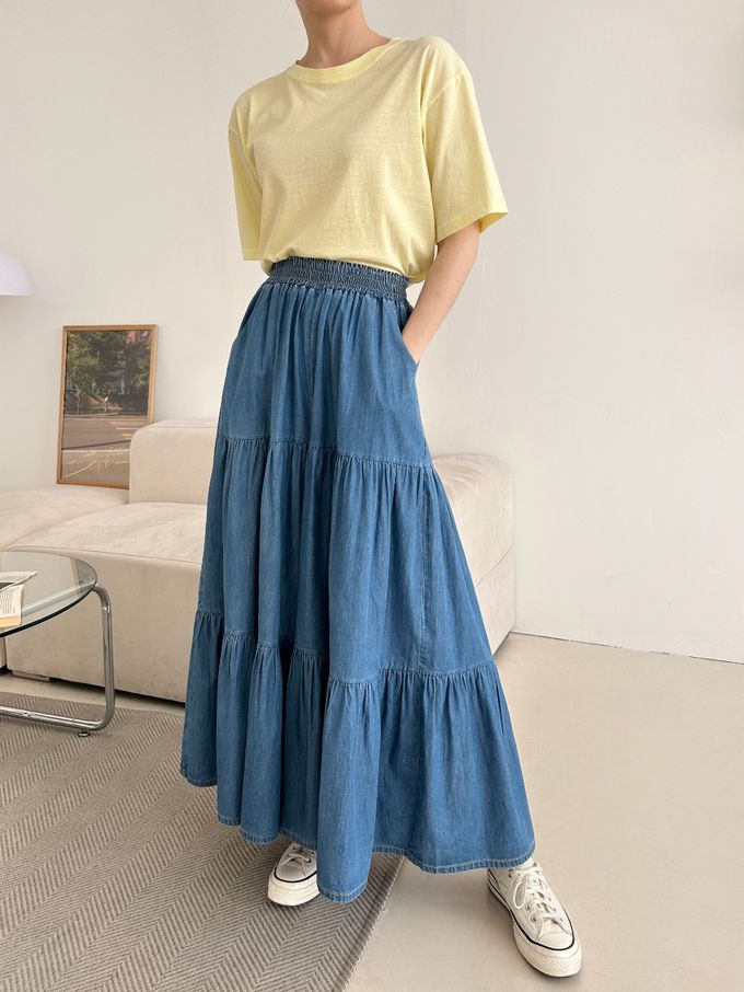 韓國女裝連線 - 鬆緊腰薄丹寧蛋糕長寬褲-中青 (FREE)