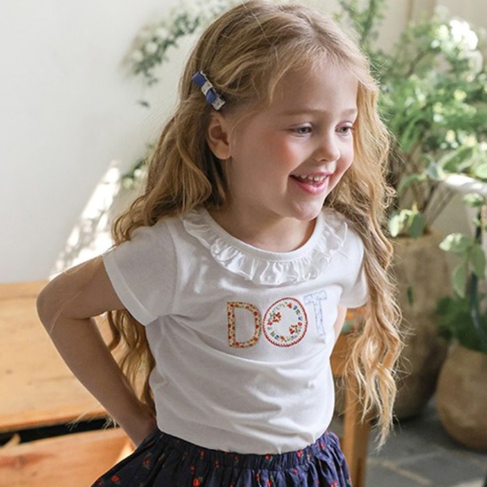 Puellaflo DOT小花印荷葉領純棉短袖上衣-白