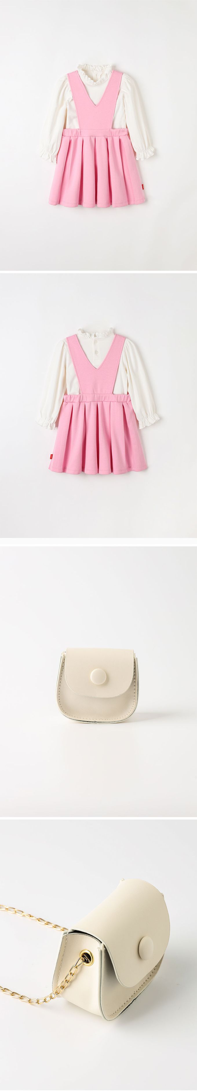 韓國 OZKIZ - (附包包)女孩V字背心百褶裙套裝-象牙白X粉