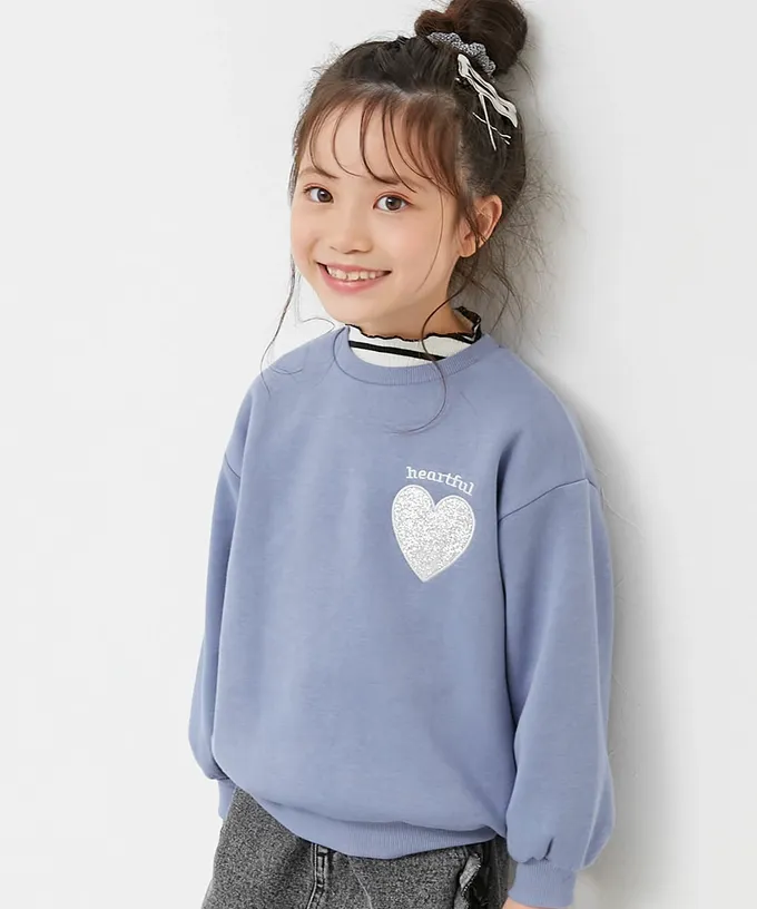 日本 devirock - 閃亮愛心廓形大學長袖上衣-灰綠