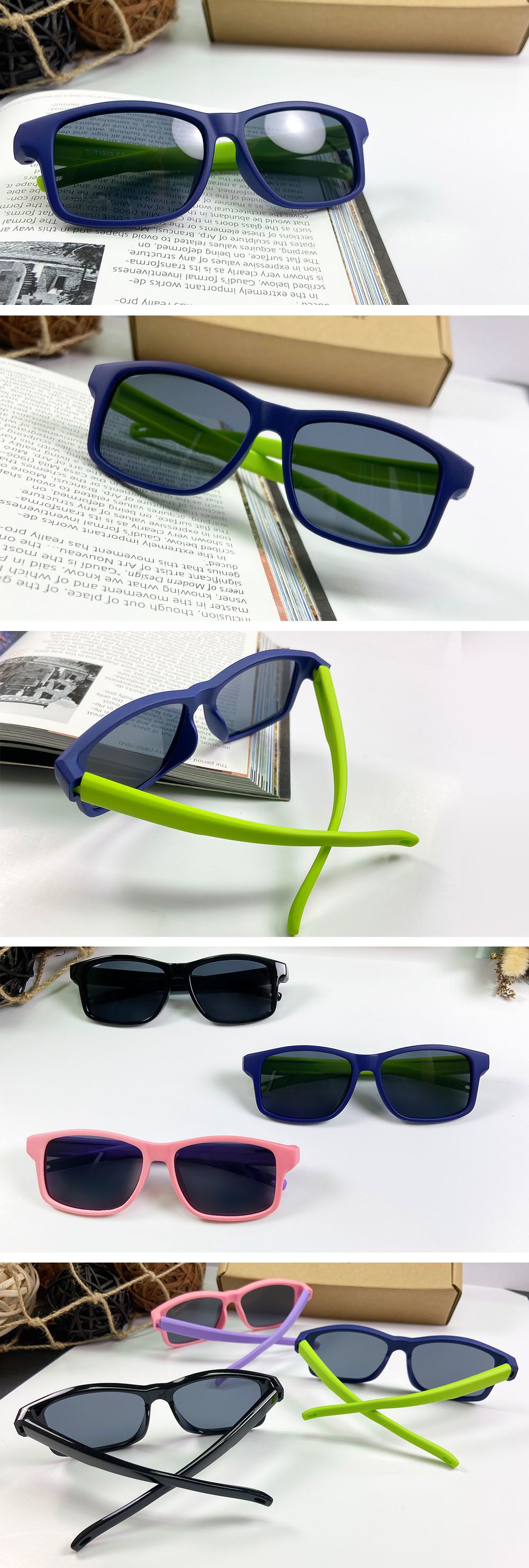 ALEGANT - 普普風海軍藍綠拚色中性兒童專用輕量方形彈性偏光墨鏡│UV400太陽眼鏡