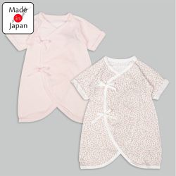 akachan honpo - 新生兒7分袖蝴蝶裝2件組-綁帶款小花-粉紅色 (50~60cm)