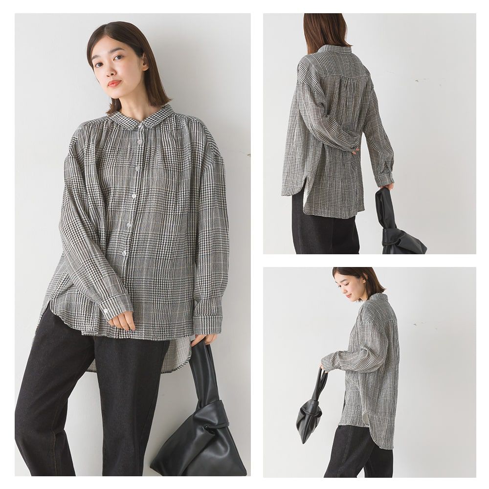 日本 OMNES - 翻領質感二重紗長袖襯衫-格紋-灰黑