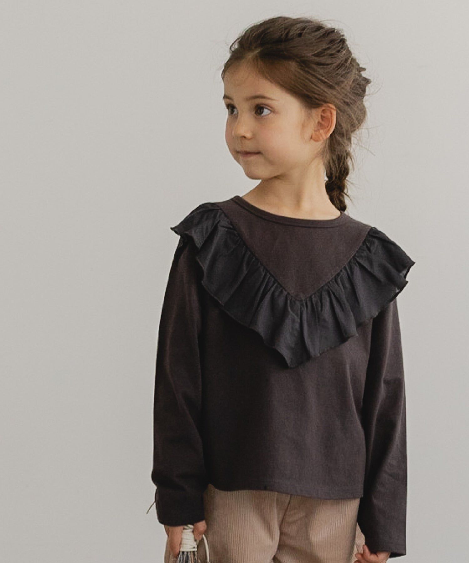 日本 PAIRMANON - 柔棉100% 可愛捲邊薄長袖上衣-桃粉