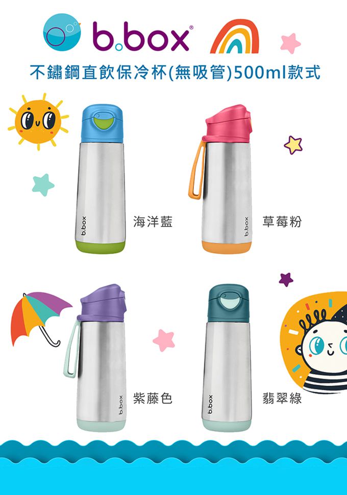 澳洲 b.box - 不鏽鋼直飲保冷杯(無吸管)-海洋藍-500ml