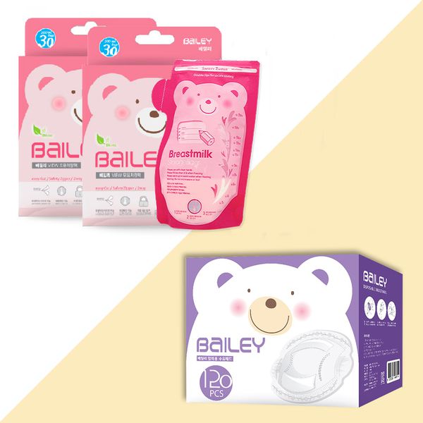 韓國 BAILEY 貝睿 - 感溫母乳儲存袋-新手媽媽超值組-壺嘴型30入x2+防溢乳墊120入x1