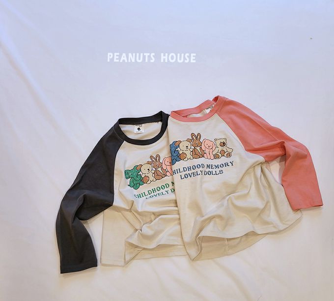 韓國 Peanuts House - 動物好友玩偶印長袖上衣-粉橘