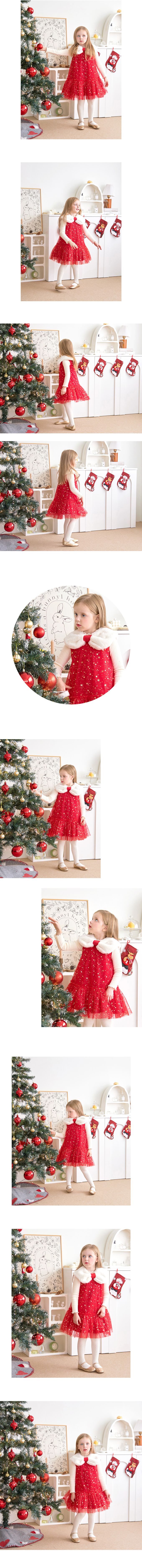 韓國 WALTON kids - 星星亮片網紗毛絨背心洋裝-紅