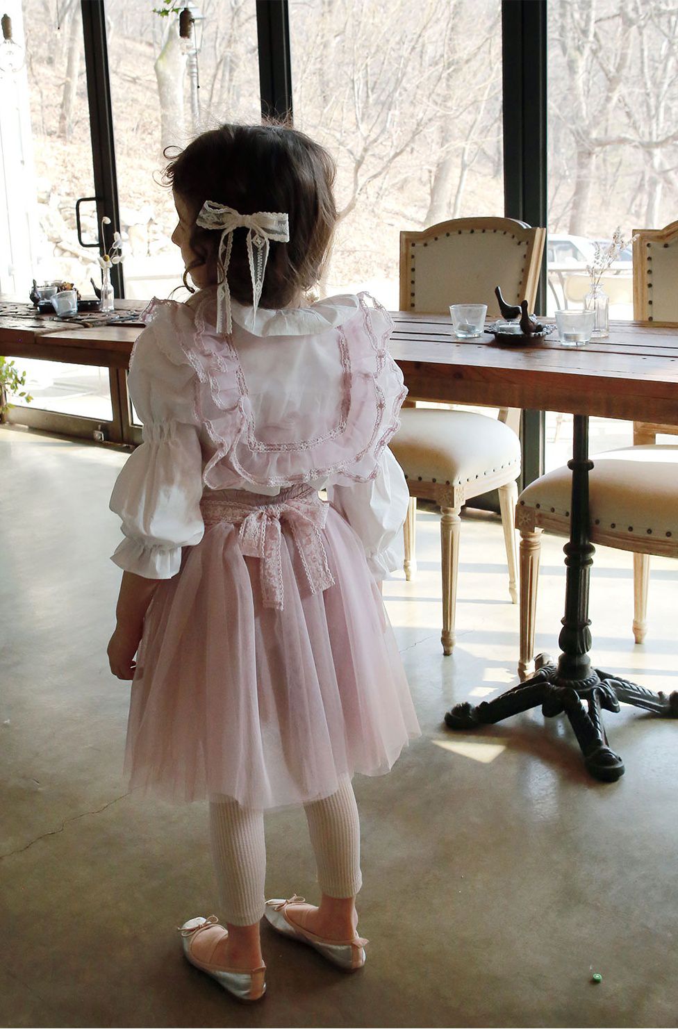 韓國 PuellaFLO - (現省50元)抓皺荷葉上衣+蕾絲蝴蝶結網紗褲裙-白上衣X粉紅紗裙