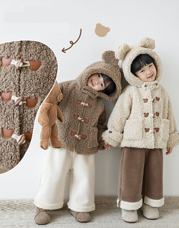 TONGMO - 立體造型羊羔絨牛角釦連帽外套-熊耳朵-米色